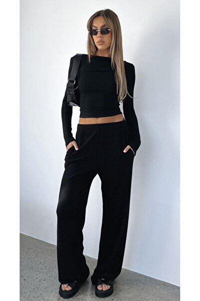 Butik Kadın Siyah Bisiklet Yaka Uzun kollu Crop Bady