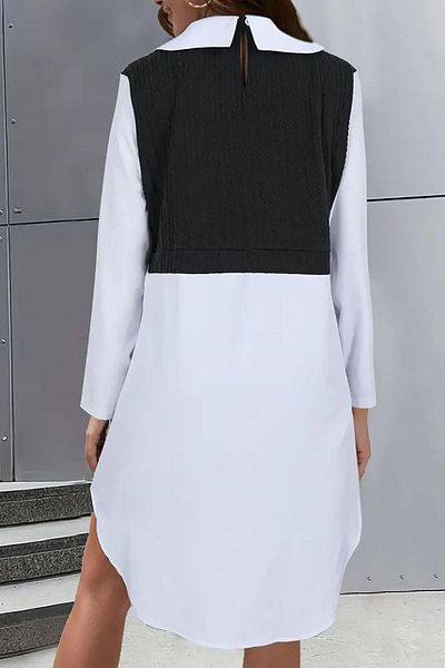 Deafox Schwarzes, langärmliges, zweifarbiges Strickkleid mit Hemdkragen