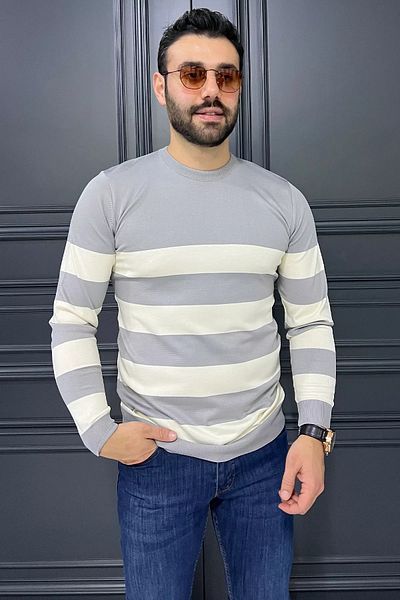 MİSHAR İTALİA Ανδρικό πλεκτό πουλόβερ με ριγέ λαιμόκοψη Grikrem