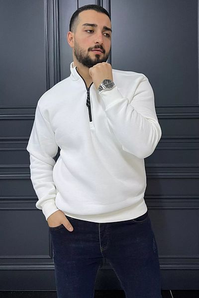 MİSHAR İTALİA Λευκό ανδρικό φούτερ με φερμουάρ με μισό ζιβάγκο