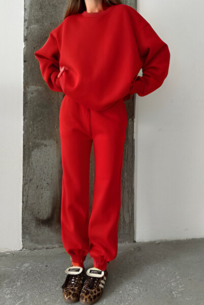 YAKAMEL Set supradimensionat din bumbac cu 3 fire, cu gât crewneck, pentru femei