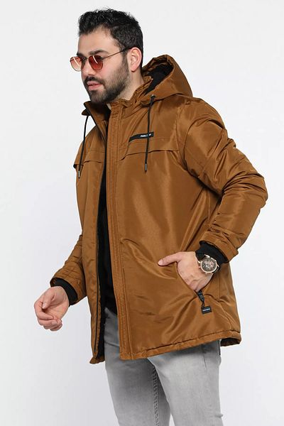 MİSHAR İTALİA Мъжко плюшено палто с качулка и цип Taba