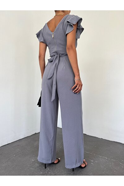 Modamorfo Zipper Detailed Ruffle Jumpsuit - Gray