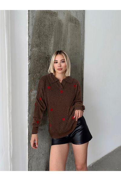 NATUFIAN STORE Дамски трикотажен пуловер с яка и дупка във формата на сърце