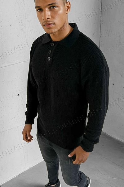 Millionaire Men's Black Polo Neck Placket Buttoned Collar Winter Knitwear Sweater