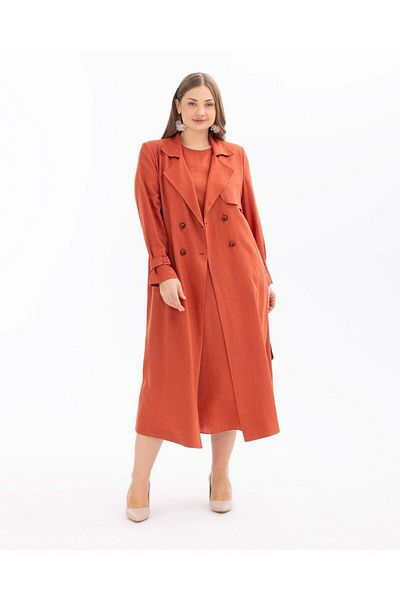 Gala-Xi Plus Size Tile Women's Top Coat - Double Breasted Collar and Belt Detail10002412614001