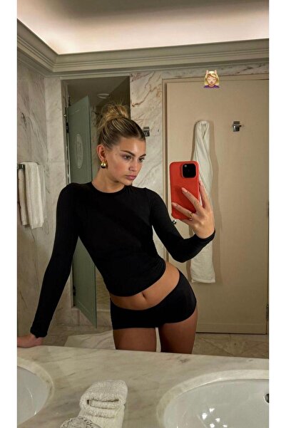 Butik Kadın Siyah Bisiklet Yaka Uzun kollu Crop Bady