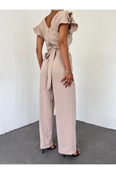 Modamorfo Zipper Detailed Ruffle Jumpsuit - Light Mink