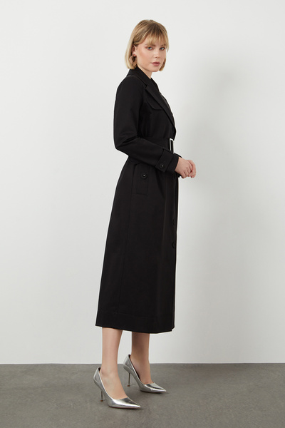 GİZİA Ceket Yakalı Önü Kruvaze Çıtçıt Kapamalı Uzun Siyah Trençkot