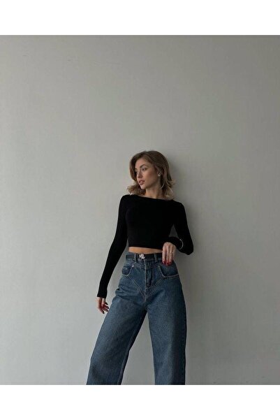 Butik Kadın Siyah Bisiklet Yaka Uzun kollu Crop Bady