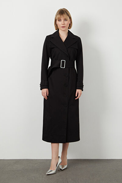 GİZİA Ceket Yakalı Önü Kruvaze Çıtçıt Kapamalı Uzun Siyah Trençkot