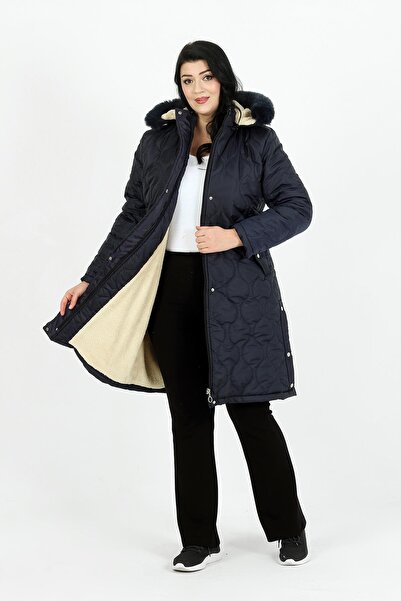 By Alba Collection Women's Navy Blue Long Woolen Quilted Plus Size Coat
