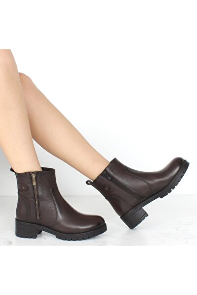 Celal Gültekin Kadın Kahverengi Çift Fermuarlı Kalın Tabanlı Deri Bot