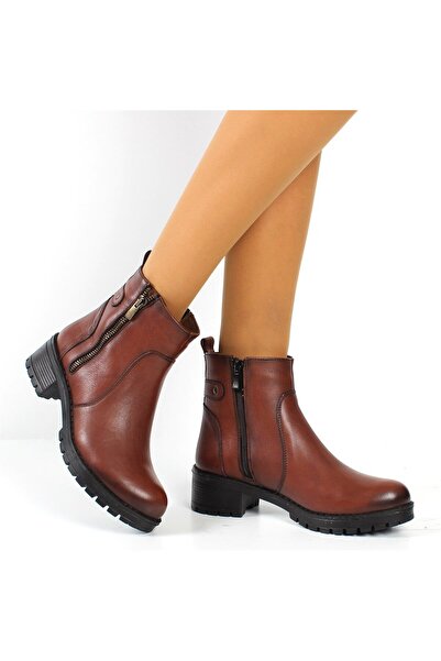 Celal Gültekin Kadın Taba Çift Fermuarlı Kalın Tabanlı Deri Bot