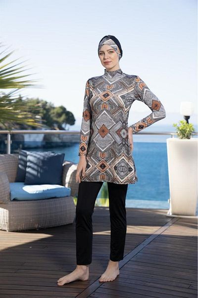 Estiva Battal Digital Print Full Covered Plus Size Hijab Swimsuit