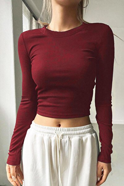 BRZ COLLECTION بلوزة نسائية أساسية بأكمام طويلة ومضلعة باللون العنابي