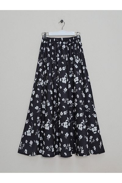 Modamorfo Floral Patterned Elastic Waist Skirt - Black