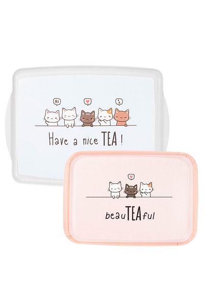 Tantitoni Melamin Cat Patterned 2-Piece Rectangular Non-Slip Table 34-41cm