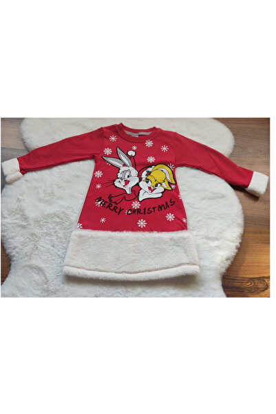 MinischeStore Bugs Bunny Baskılı Kürklü Etel Uçlu Kız Çocuk Yeniyıl Elbisesi