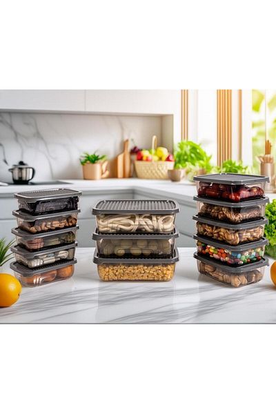 Herevin 13-Piece Rectangular Food Supply Storage Container Set - Gray (Fits Microwave and Freezer)