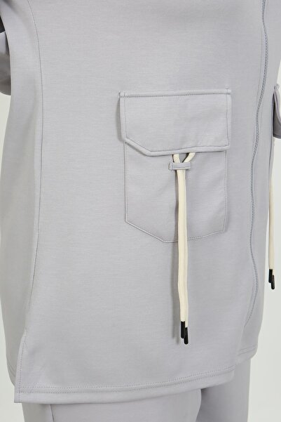 By Alba Collection Women's Gray Front Pocket Detail Stretchy Fabric Large Size Tracksuit Set