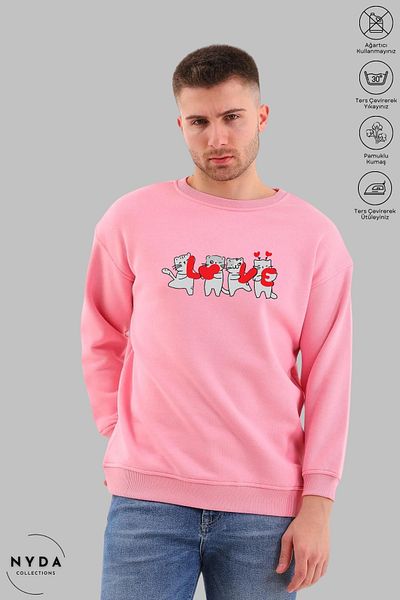 Nyda Collections Unisex μακρυμάνικο Love Cat με στάμπα με λαιμόκοψη χωρίς κουκούλα υπερμεγέθη φούτερ