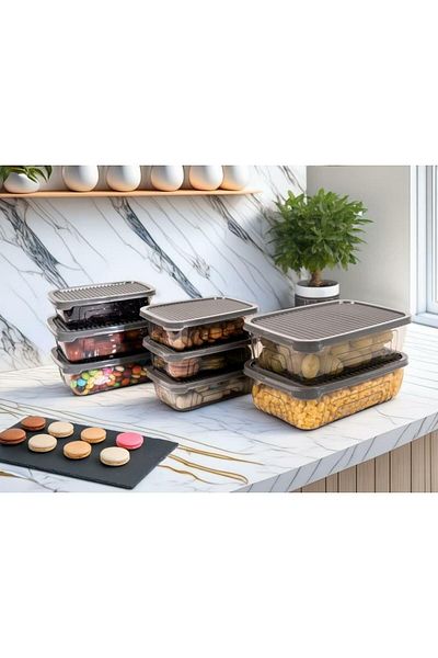 Herevin 8-Piece Rectangular Food Supply Storage Container Set - Gray (Fits Microwave and Freezer)