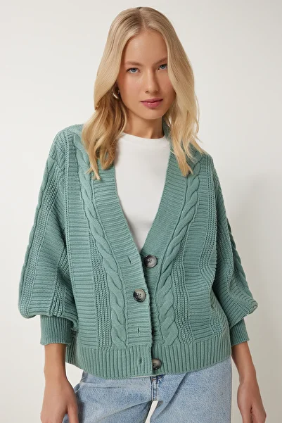 Lovelyİstanbul Braided Balloon Sleeve Loose Knitwear Cardigan Green Lmx0067