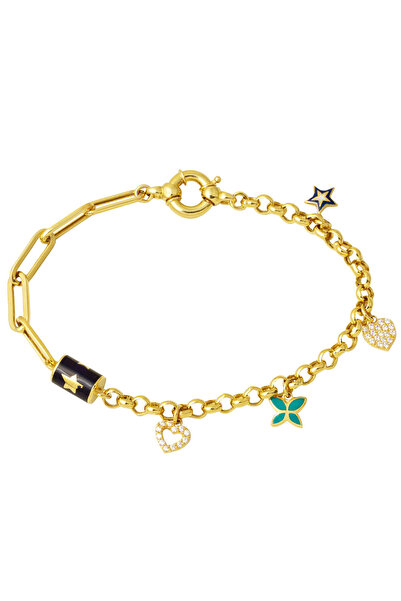 Zerince Kalp Yıldız Charmlı 14 Ayar Bileklik