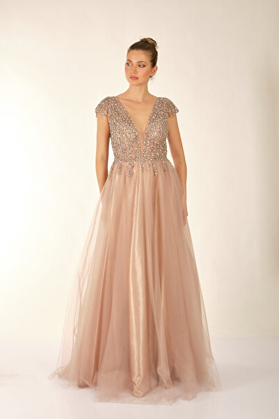 Favore Kadın Taşlı Tül Detaylı Abiye Elbise 2422033