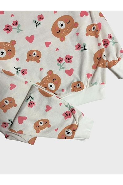 TOFU KİDS Girl's White Raised Teddy Bear Heart Flower Long Sleeve Pajamas Set