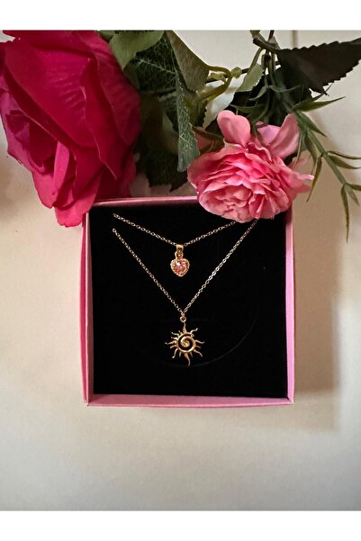 MİOSA 14K Altın Kaplama Güneş/Kalp Çelik İkili Kolye Seti
