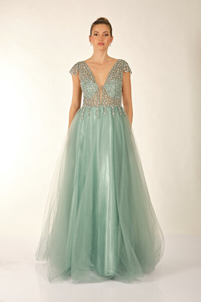 Favore Kadın Taşlı Tül Detaylı Abiye Elbise 2422033