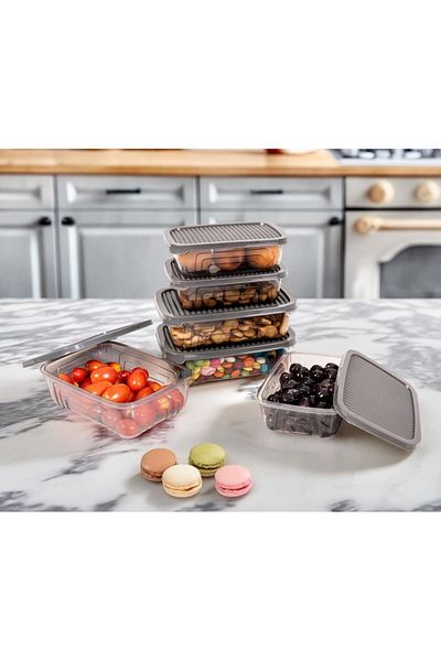 Herevin 6-Piece Rectangular Food Supply Storage Container Set-Gray(Fits Microwave and Freezer)