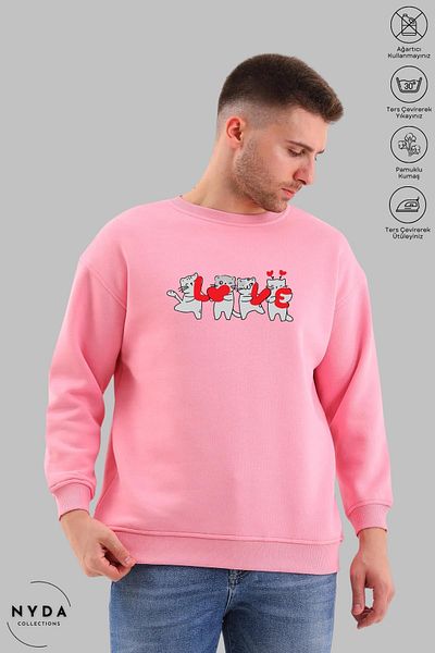 Nyda Collections Unisex μακρυμάνικο Love Cat με στάμπα με λαιμόκοψη χωρίς κουκούλα υπερμεγέθη φούτερ