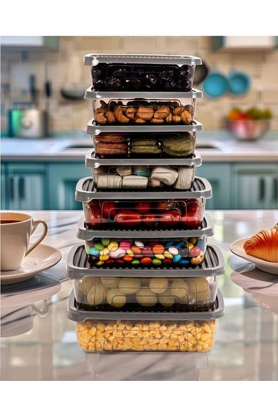 Herevin 8-Piece Rectangular Food Supply Storage Container Set - Gray (Fits Microwave and Freezer)