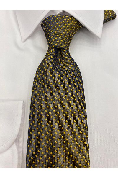 Cacharel Woven Patterned Yellow Navy Blue Tie