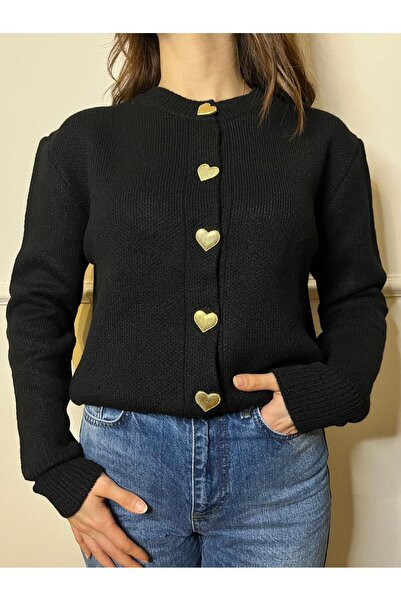 Butik Kadın Siyah, Gold Kalp Düğmeli Triko Hırka
