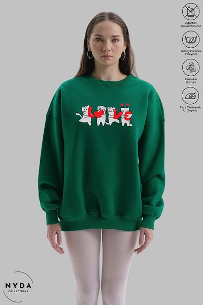 Nyda Collections Unisex μακρυμάνικο Love Cat με στάμπα με λαιμόκοψη χωρίς κουκούλα υπερμεγέθη φούτερ