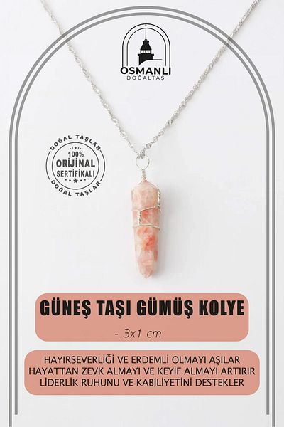 OSMANLI DOĞAL TAŞ Sun Stone Natural Stone Pendant 3X1 Cm, Silver Chain