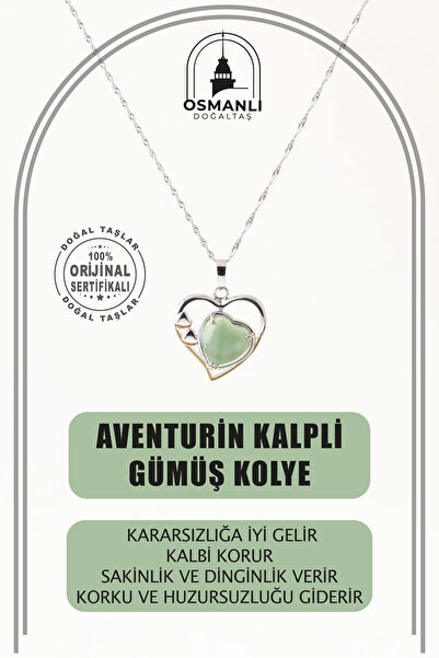 OSMANLI DOĞAL TAŞ Aventurin Doğal Taş Kalpli Kolye Gümüş Zincir