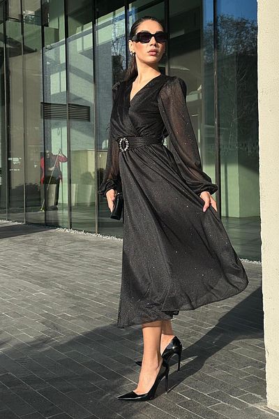 Madmext Γυναικείο φόρεμα μεσαίου μήκους Lurex με μαύρη ζώνη MG2270