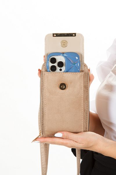 Newish Polo Geantă de mână și de umăr pentru femei, din piele de căprioară bej, cu suport pentru telefon Bella