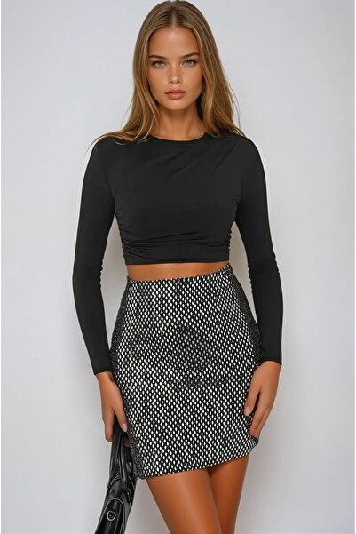 VAGGON Fusta mini neagră căptușită cu paiete pentru femei Prmx13337