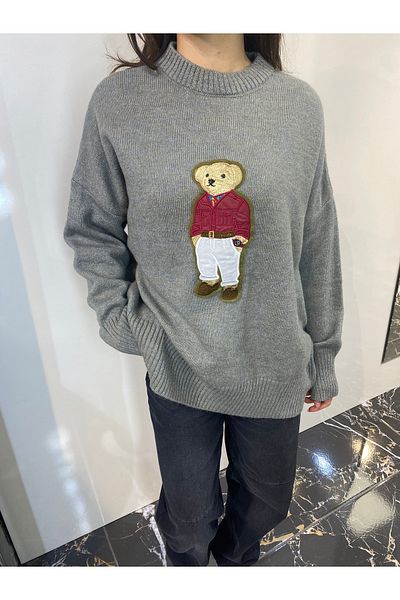 JOY İN JOY COPY - pulover supradimensionat din tricot brodat cu ursuleț