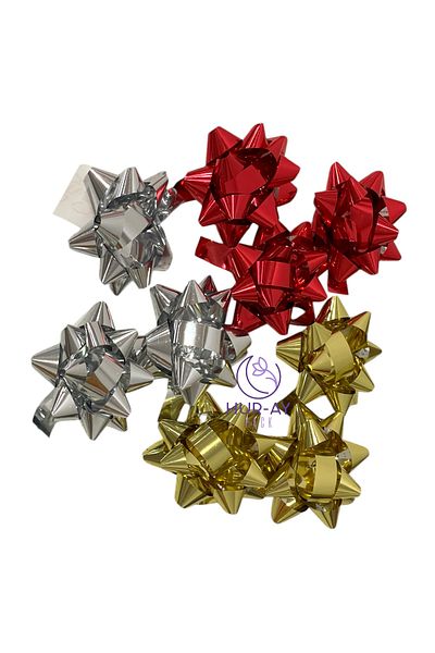 HUR-AY PACK 9Lu Gift Ornament - 3 Gold, 3 Red, 3 Gray/Metallized Star Ornament - Packing Raffia
