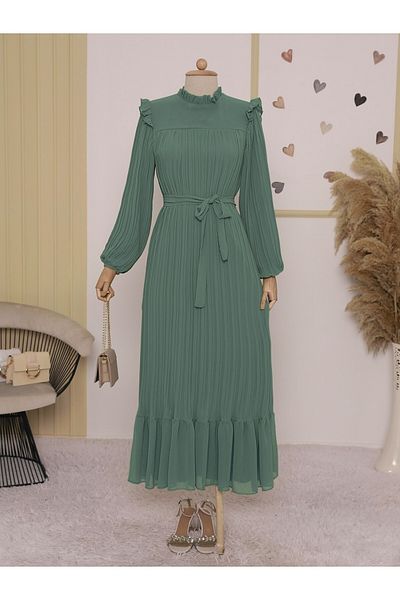 Modamorfo Dress with Robe on the Front, Pleated Sleeves and Size - Mint