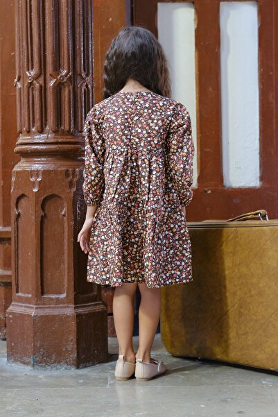 KÜÇÜĞÜM BUTİK Винтидж рокля от поплин в кафяво с флорален принт за момиче (с дълъг ръкав без яка)