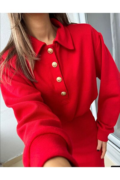 SEVA TEKSTİL KIRMIZI TRİKO ETEKLİ TAKIM POLO YAKA GOLD DÜĞMELİ