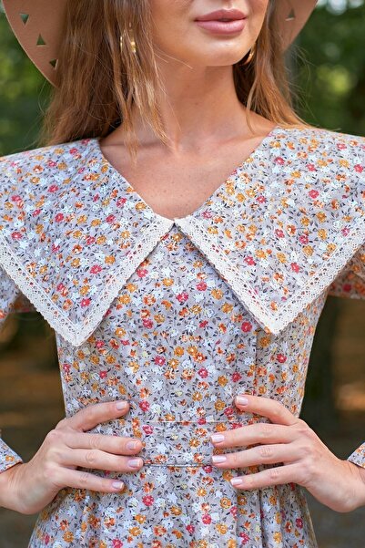 KÜÇÜĞÜM BUTİK Vintage Μεγάλος Γιακάς Γκρι Χρώμα Floral μακρυμάνικο φουσκωτό φόρεμα